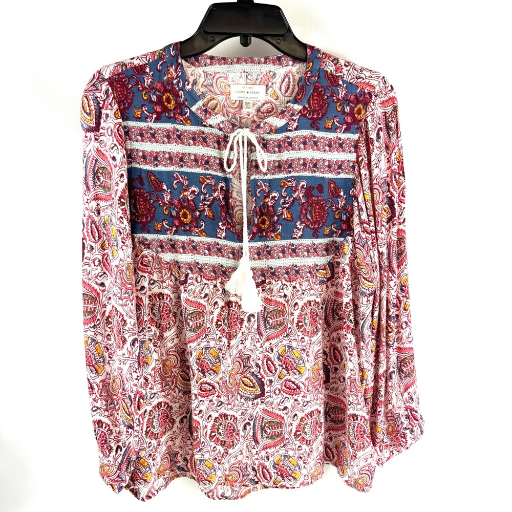 Lucky Brand Women's Floral Tie Neck Peasant Top Blouse Sz Med EUC red blue